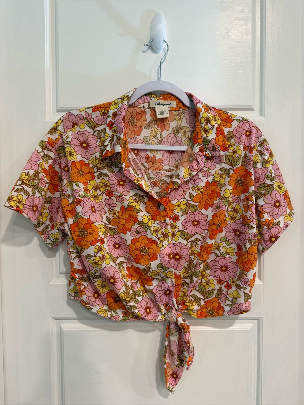 Passport Floral Tie Front Crop Blouse Retro 70s Pink Orange Women’s Large